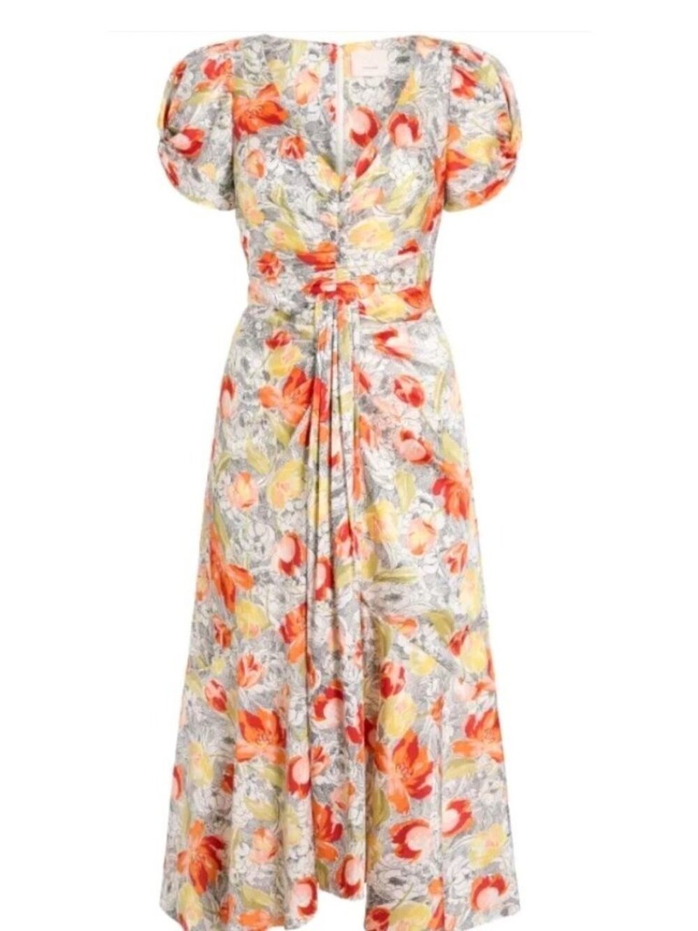 Cinq A Sept Linework Floral Walker Midi Dress Size 6 Nwt Ivory Multi Ruched Puff